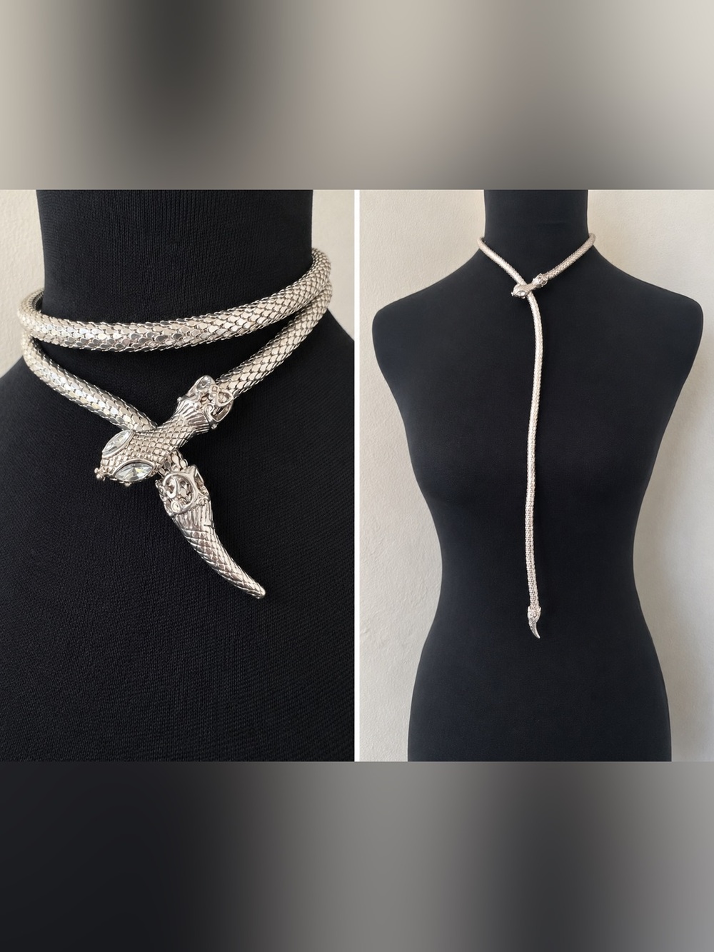 Vtg Silver Chainmail Snake Mesh Necklace Crystal Eyes Adjustable Lariat Serpent